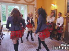 Kinky schoolgirls wearing Scottish skirt and fucking for bet
