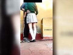 Quickie PUBLIC SEX, MEXICAN Cute Student Fucking in School Ground, TEENAGER Swallows All Cum Shot