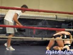 Athletic lesbos wrestling in the boxing ring
