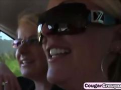 Three very hot MILF sluts pick up a guy and have awesome sex adventure with him