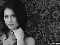 After they cut holes in her swimsuit her nipples are visible and teases with more intensity.