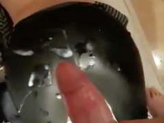 Massive cum shot on wifes leather pants