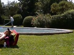 Topheavy redhead Lola Fauve fucks pool boy & swallows his enormous dick