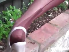 Milf Nylon Jane walking teasing in sexy pair of nylon stockings suspender belt with tall stilettos