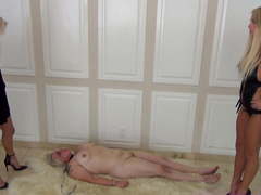 2 Mistresses trample and humiliate slave
